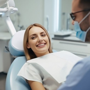 Happy patient reclined in dental treatment chair