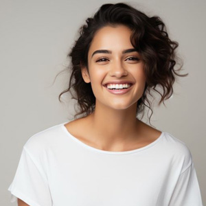 Portrait of happy, smiling woman in white t-shirt
